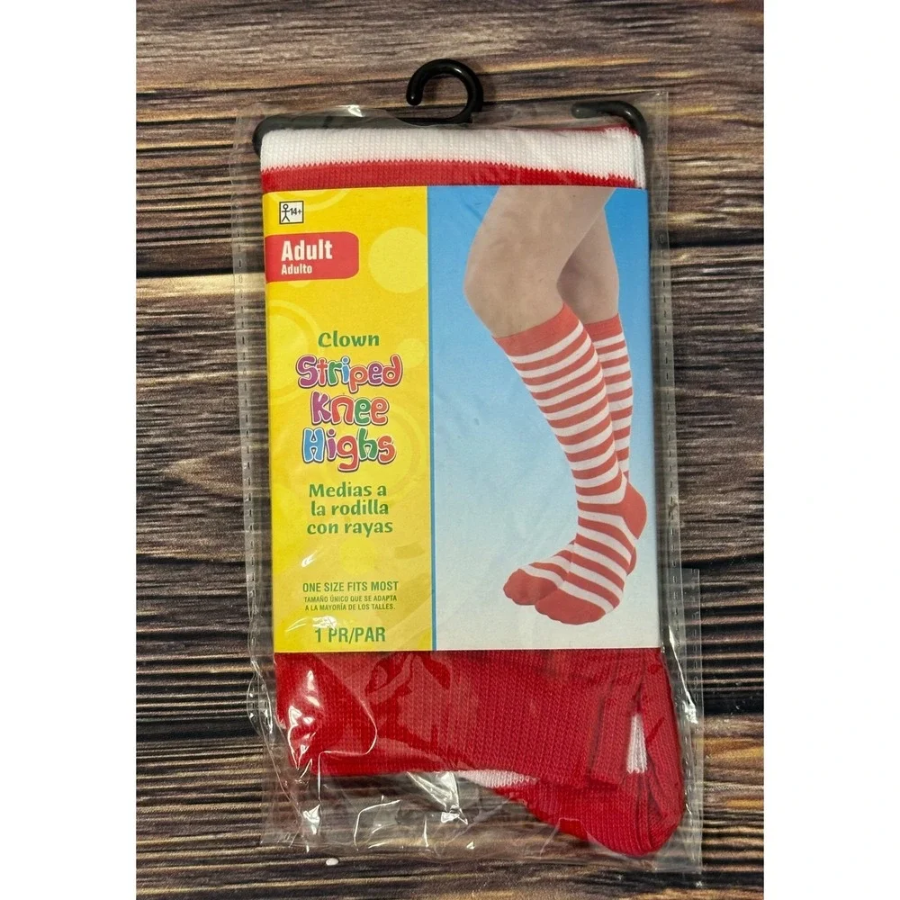Clown Knee High Socks Adult One Size Red White Striped Costume Accessory New